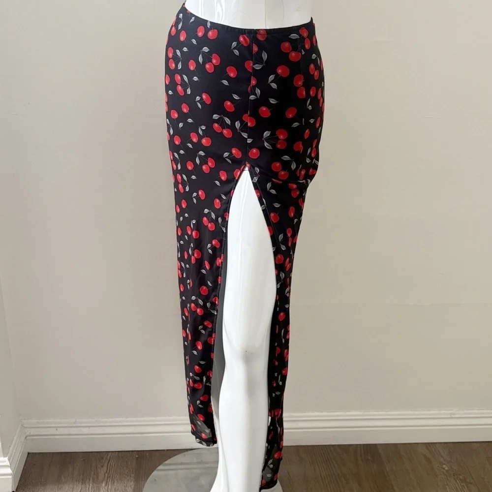 Bailey Rose Cherry Print Black Mesh Maxi Skirt w Slit up the Side Leg Revolve